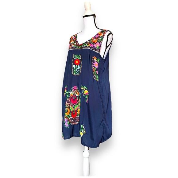 Erica Maree Hand Embroidered Mini Dress Fits Sz S Sleeveless Navy Blue Colorful - Picture 7 of 11